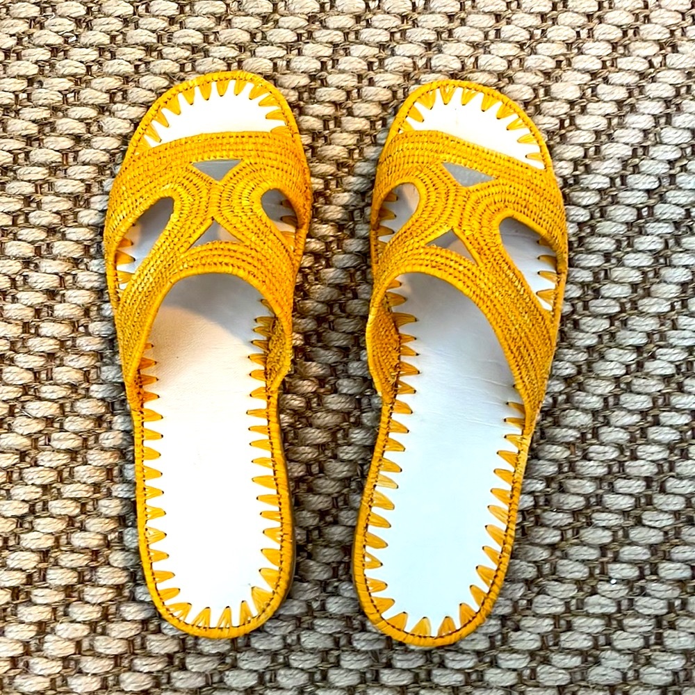 Handmade woven raffia slides mustard yellow